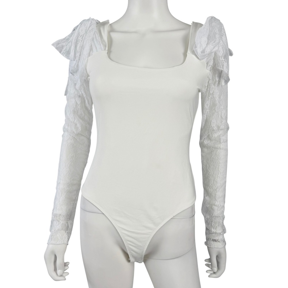 Moa Moa Lace Long Sleeve Bow Shoulder Bodysuit Cottagecore Coquette‎ Fairycore L